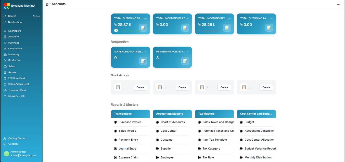 ERPExtra platform dashboard